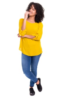 Beautiful young african woman posing isolated over white