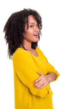 Beautiful young african woman posing isolated over white