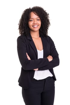Beautiful african business woman posing isolated over white background