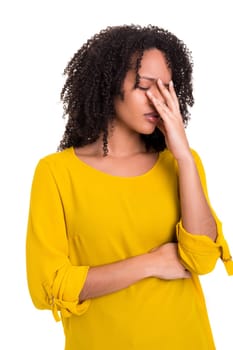 A worried young african woman, isolated over white