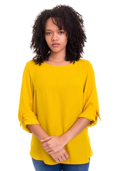 Beautiful young african woman posing isolated over white