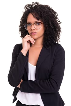 Beautiful young african business woman posing isolated over white