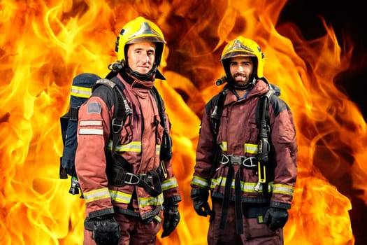 Conceptual portrait of two firemen standing against burning fire background.