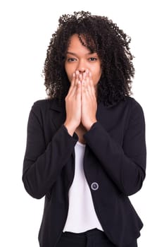 A very surprised business woman, isolated over a white background