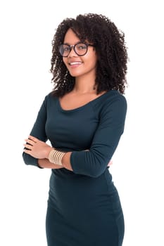 Beautiful young african business woman posing isolated over white