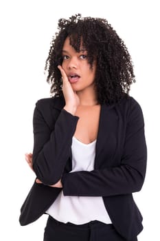 A very surprised business woman, isolated over a white background