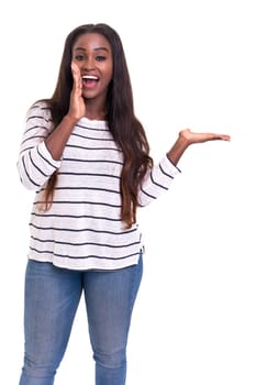 Beautiful african business woman presenting your product, isolated over white