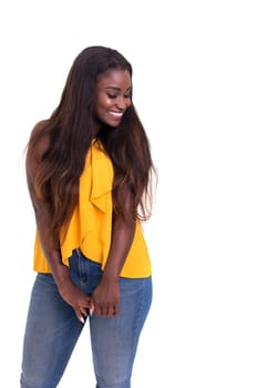 Beautiful young african woman posing isolated over white