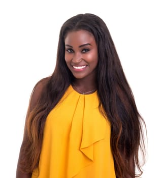 Beautiful young african woman posing isolated over white