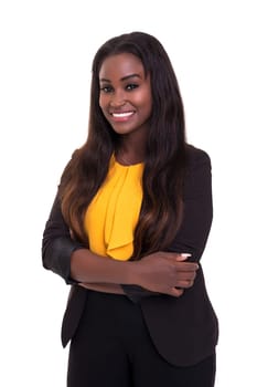 Beautiful african business woman posing isolated over white background