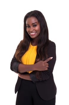 Beautiful african business woman posing isolated over white background