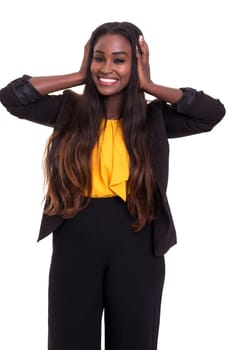 Beautiful african business woman posing isolated over white background