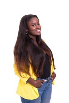 Beautiful young african woman posing isolated over white