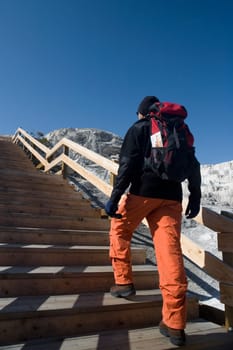 Hiker moving upstairs, Mammoth Hot Springs, Yellowstone National Park, Wyoming, USA