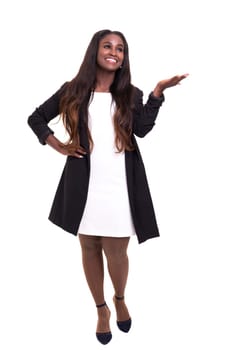 Beautiful african business woman presenting your product, isolated over white