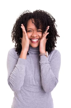 A very surprised woman, isolated over a white background