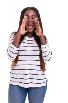 Very happy african woman screaming at someone, isolated over a white background