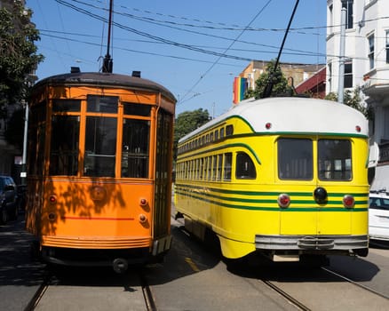 Cable cars in a street, Castro District, San Francisco, California, USA