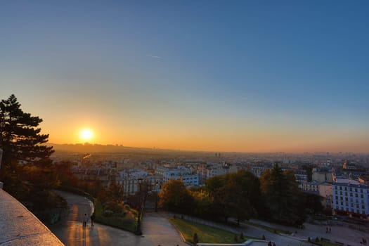 Paris city view seen from Montmarte at sunrise, France