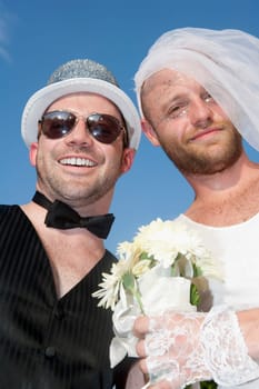 Newlywed homosexual couple smiling, Washington DC, USA