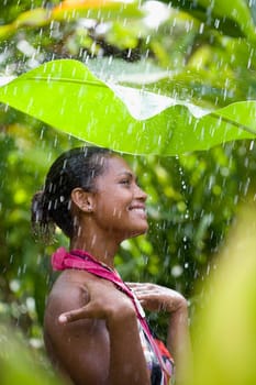 Close_up of a woman enjoying rain shower