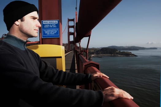 Man standing on a bridge, Golden Gate Bridge, San Francisco Bay, San Francisco, California, USA