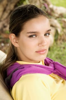 Portrait of a teenage girl sitting in a golf cart, Biltmore Golf Course, Coral Gables, Florida, USA