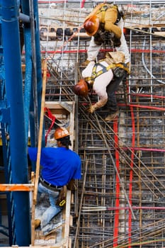High angle view of construction workers working at a construction site
