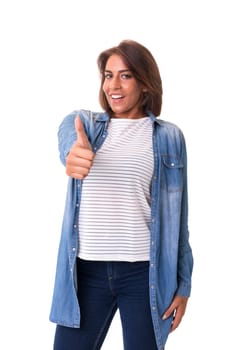 Beautiful young woman signaling ok, isolated over white