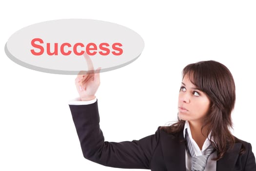 Business woman pressing key, isolated over white
