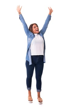 Studio shot: Happy African woman with raised arms