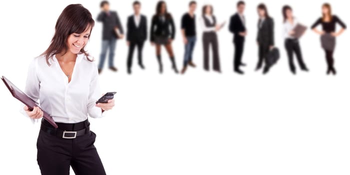 Business woman posing, with people in background
