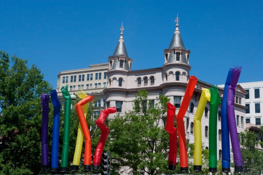 Gay pride symbols with a building in the background, Washington DC, USA