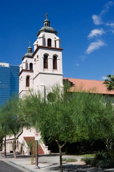 Trees in front of a church, St. MaryŽs Basilica, Phoenix, Maricopa County, Arizona, USA