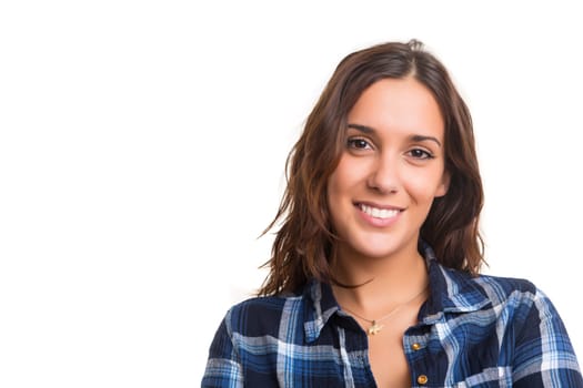Beautiful young casual woman posing isolated over white