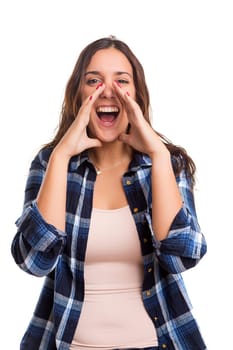 Very happy woman screaming of joy, isolated over a white background