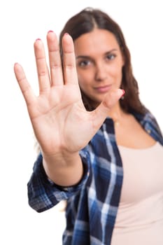 Business woman making stop sign - isolated over white