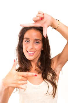 Young woman making framing key gesture - isolated over white