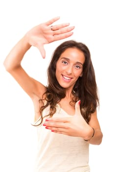 Young woman making framing key gesture - isolated over white