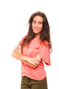 Beautiful young woman posing isolated over white background