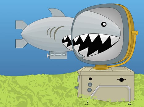 Computer with a blimp in the background
