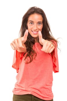 Beautiful young woman signaling ok, isolated over white