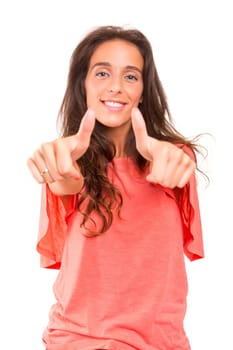 Beautiful young woman signaling ok, isolated over white