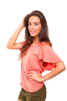 Beautiful young woman posing isolated over white background