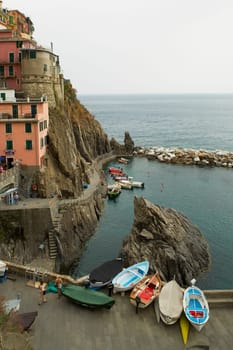 High angle view of boat at the coast, Cinque Terre, Manarola, La Spezia, Liguria, Italy