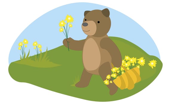 Bear walking with flowers in his hand