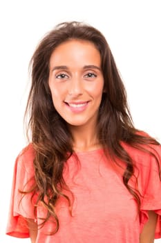 Beautiful young woman posing isolated over white background