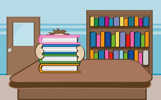 Person hiding behind a stack of books in a library