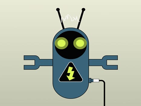 Close-up of a robot with an electricity sign