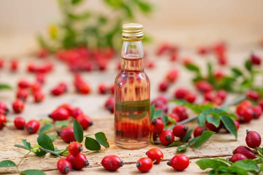 Rosehip oil in glass bottle with berries around from close up. Raw liquid from little red fruit on wooden desk. Small jar of drink from seeds.